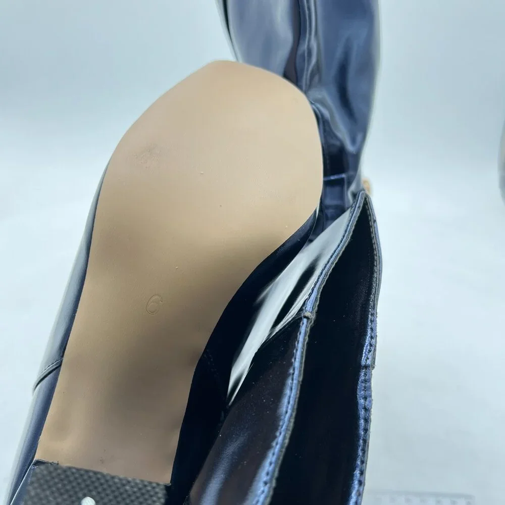 FSJ Dark Blue Knee High Boots Pull On Chunky Mid Heel Side Zipper Shoes - Picture 6 of 8